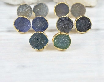 Druzy Earrings, Druzy Stud Earrings, Druzy Studs, Gold Earrings, gold Filled, druzy Jewelry, Post Earrings, Raw Crystal Earrings, Black,