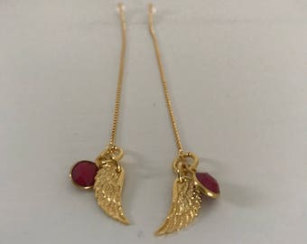 Threader earrings, 24 k gold vermeil earrings, red earrings, faceted ruby earrings, angel wing earrings.