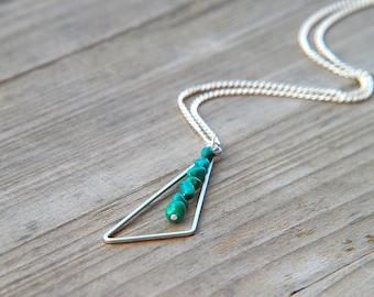 Turquoise necklace, Long silver necklace, December birthstone, Geometric necklace, Pendant necklace, Triangle necklace, Geometric jewelry
