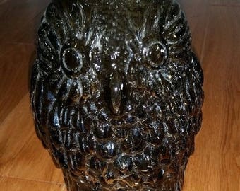 Vintage owl piggy bank coin collectible bird decor sculpture statue smoke glass, wise old owl, smoke glass, 1980s