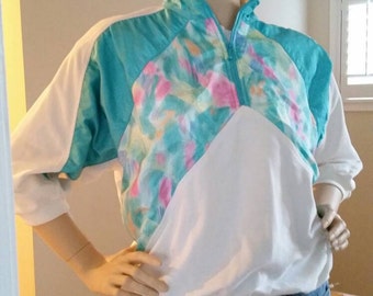 80s watercolor half-zip, dolman 3/4 sleeve