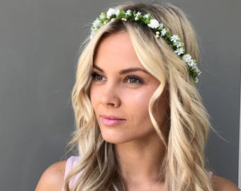 White flower crown wedding flower crown adult Bridal floral crown wedding Flower headband green flower hair wreath Flower head wreath