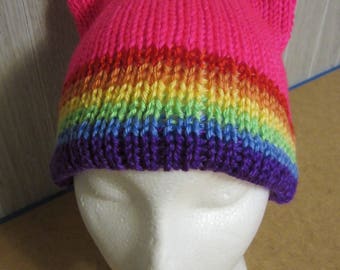 Neon RAINBOW Band Pride PussyHat Cat Beanie Women's March PUSSY HAT Knit Kitty Ears 3 Sizes, -- Charity Donation & Free Shipping UsA