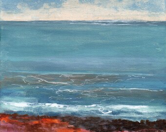 Calm Sea - Original Landscape Painting of Sky Clouds Ocean Water Rocks Zen Fresh Air