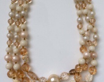 Vintage Style Rose/Pearl/Natural Beaded 3-Strand Necklace