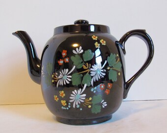 Vintage Brown Floral English Teapot Tea Pot Hand Painted Redware Ceramic Collectible