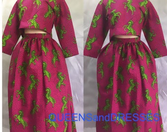 Two piece pink Ankara long sleeve crop top and floor length gathered skirt, ankara womens clothing