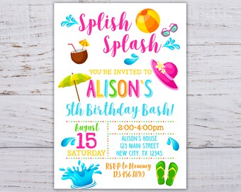 Splish Splash Invitation, Splish Splash Birthday Invitation, Splash Party Invitations, Summer Splash Party, Pool Party, Girl Birthday D60
