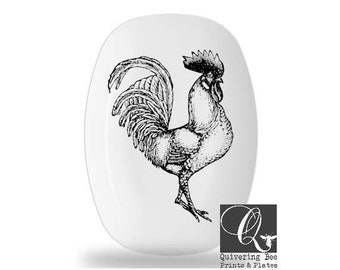Rooster platter,melamine platters,melamine dinnerware,black and white,bird art plate,serving trays,farm animal art,rooster decor,gift #p134