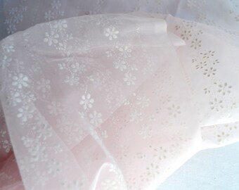 Vintage Fabric - Blush Pink Flocked Swiss Dot Floral Stripe - 33" x 8" to 10" Remnant
