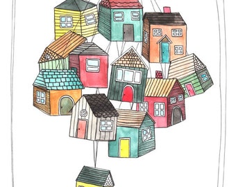 Art - Art Print - Illustration Art - Art with Houses - Illustration Print - Illustration - 8x10 Art Print - My Thoughts are Like Houses