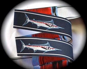 MARLIN FISH on Navy Jacquard Ribbon - 1"