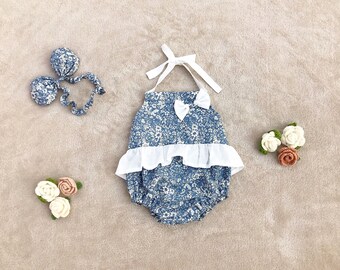 baby girl romper- baby romper- baby girl clothing- Ruffle Romper - baby playsuit- cotton- Vintage Blue floral print romper
