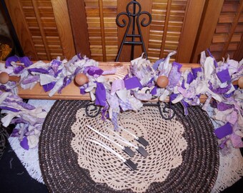 Primitive Country Raggedy Tattered Purple SUGARPLUM Christmas Valentines Day Rag GARLAND Swag Skirting Wrap Drape Ornie Clips (PRS-0028)