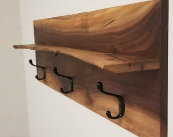 Wall Mount Coat Hanger and Shelf in Live Edge Black Walnut