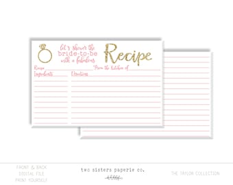 Printable Recipe Card - TAYLOR Collection - Gold Glitter Recipe Card - Bridal Shower Recipe Card