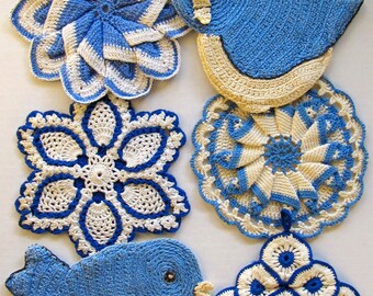 Vintage Blues Potholders Crochet Pattern PDF