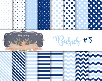 SALE 16 x Blue Digital Papers, Blue Chevrons, Blue Polka Dots, Spots, Blue Stripe, Digital Scrapbooking Paper, Instant Download