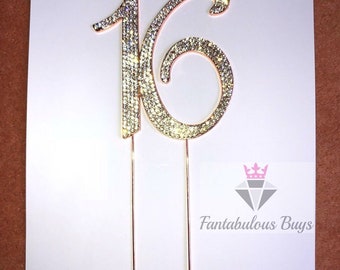 16 Rose Gold Plated Diamante Rhinestone Gem Cake Pick Topper Birthday Age Years Old Number Decoration Badge Flowers Milestone