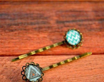 Chevron Hair Pins, Abstract Hair Pins, 12mm Hair Pins, Blue Hair Pins, Blue Bobby Pins, Chevron Bobby Pin, Bobby Pin Set, Bridesmaid Pin Set