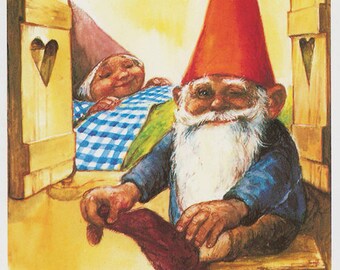 Vintage art print 80s. David the gnome and Lisa going to bed. By Rien Poortvliet.