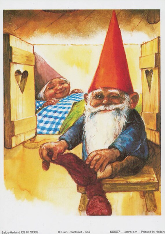 Vintage art print 80s. David the gnome and Lisa going to bed.