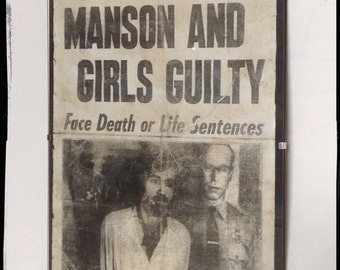 Charles Manson Guilty newspaper front page Aged Reproduction in frame.