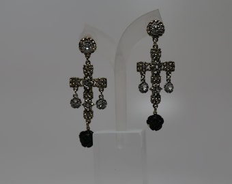 Gold and black cross earrings