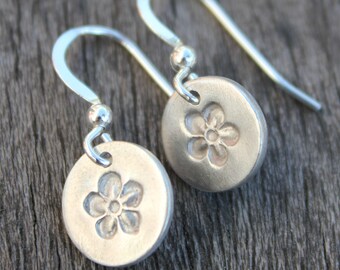 Silver flower drop earrings, small drop earrings, small earrings, simple silver earrings, tiny silver earrings, everyday silver earrings