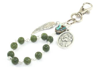 Catholic Travel Rosary Clip, St Christopher Medal, Paua Shell & Greenstone