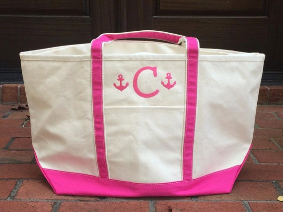 Large Monogrammed Canvas Tote Bag w Monogram Anchors