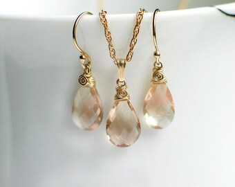 Oregon Sunstone Earrings Pendant Necklace Set | Pink Champagne Sunstone Pear Briolettes | 14k Gold Filled | Birthday Gift | Ready to Ship
