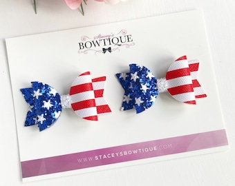 4th Of July Bows, Pigtail Set, Stars and Stripes, Red White Blue Bow, American Flag, Independence Day, Patriotic Bows