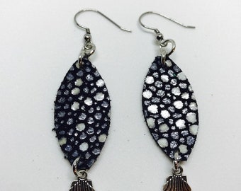 Leather, Leather earrings, Petite earrings, Small earrings, Earrings, Drop earrings, Shell Charms, Shell earrings, Girl's earrings