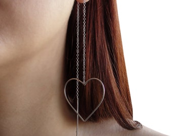 Statement earrings, pull through earring, sterling silver threader earrings, silver thread earrings, unusual earrings, heart earrings