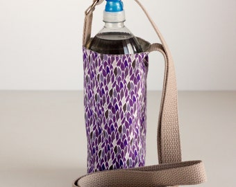 Purple Floral Water Bottle Sling, Purple Water Bottle Holder, Crossbody, Purple and Gray Cotton Fabrics, Handmade