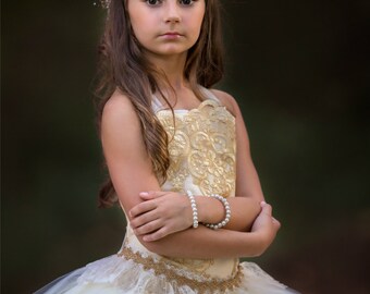 Vintage Dress Gold Lace Dress Flower Girl Dress Tulle Dress Party Dress Birthday Dress Wedding Dress Toddler Tutu Dress Girls Dress