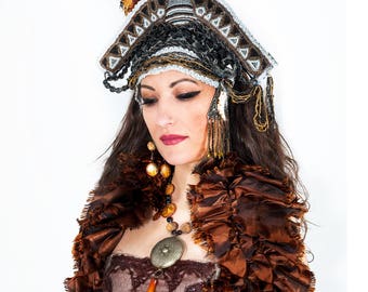 Fantasy Pirate Goddess Beaded Crown Steam Punk Burlesque Carnival Headpiece With Mother-Of-Pearl Necklace And Earrings READY TO SHIP