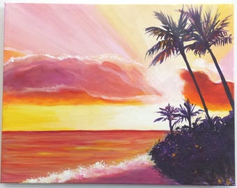 Poipu Sunset Original Acrylic Painting, Kauai Paintings, Hawaiian Art, Sunrise, Beach Ocean Decor, Tropical Sunsets