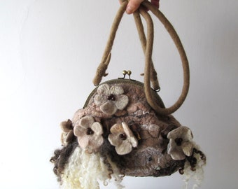 Felted handbag beige flower Unique Original bag Felted beige purse felt purse by galafilc under 100