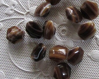 12 Vintage Czech Glass White & Brown Variegated Buttons Czechoslovakia #81