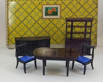 Vintage 1950s Marx Dollhouse Furniture -- Dining Room Table, Chairs, Buffet, China Cabinet -- Mahogany, 3/4 Scale for Tin Litho Doll House