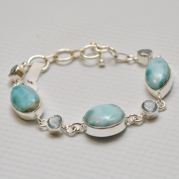 Sterling Silver Three Stone Larimar with Topaz Bracelet #7141