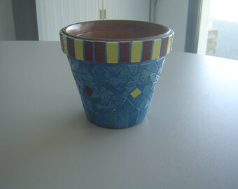 IN STOCK - Terracotta Pot mosaic enamels of briare galapagos blue, yellow, brick