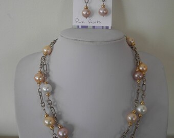 Champagne pearls with gold and silver--double strand