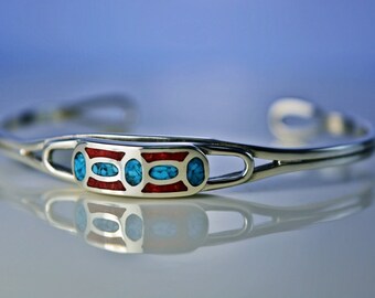 Sterling Silver cuff style bracelet w/ inlaid Kingman Turquoise and Red Coral