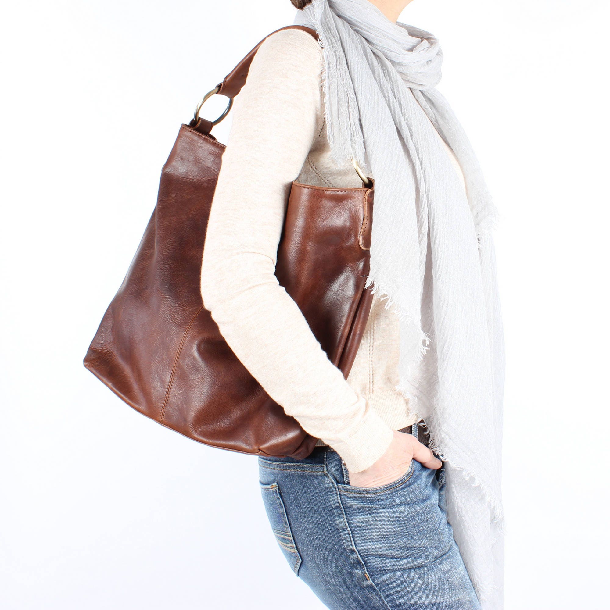 Distressed Brown Leather Handbag Hobo Tote Purse