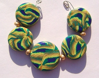 Green Gold Feathers Artisan Polymer Clay Bead Set with Focal and 4 Beads