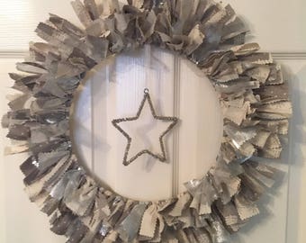 Xmas / Christmas Rag Fabric Wreath silver / grey