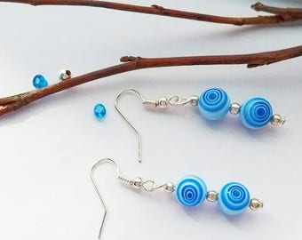 Blue Glass Earrings, Blue Bead Earrings, Blue Swirl Earrings, Blue Drop Earrings, Blue Earrings, Blue Dangle Earrings, Long Blue Earrings